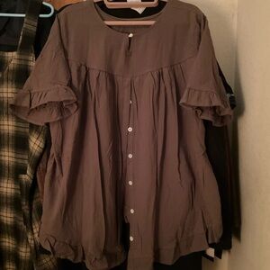 Peasant ruffle edged taupe cotton smock blouse NWT 2X